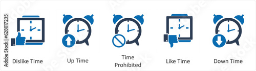 A set of 5 business icons as dislike time, up time, time prohibited