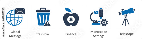 A set of 5 business icons as global message, trash bin, finance