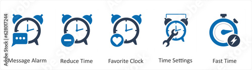 A set of 5 business icons as message alarm, reduce time, favorite clock
