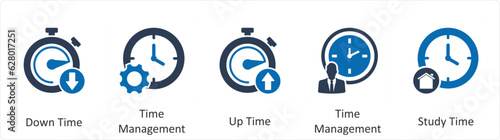 A set of 5 business icons as down time, time management, up time