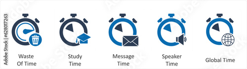 A set of 5 business icons as waste of time, study time, message time