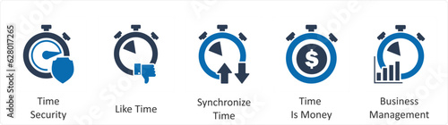 A set of 5 business icons as time security, like time, synchronize time