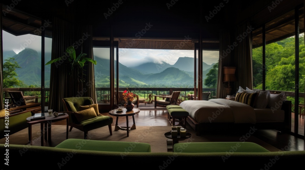 Fototapeta premium The design of hotels and resorts, the rooms are luxurious and classy, well arranged with sofas. Adjacent to nature, green fields surrounded by mountains