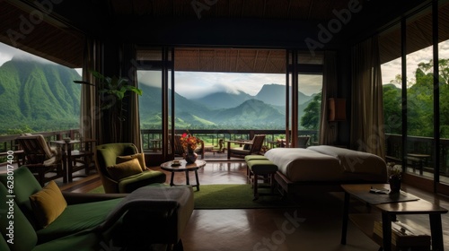 The design of hotels and resorts, the rooms are luxurious and classy, well arranged with sofas. Adjacent to nature, green fields surrounded by mountains © panu101