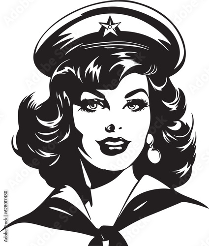 Retro sailor woman 60s style young woman. Retro comics woman head, People in retro style, black and white ink drawing, American cartoon advertising illustration, vector, SVG