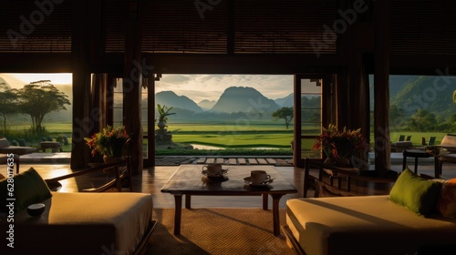 The design of hotels and resorts  the rooms are luxurious and classy  well arranged with sofas. Adjacent to nature  green fields surrounded by mountains