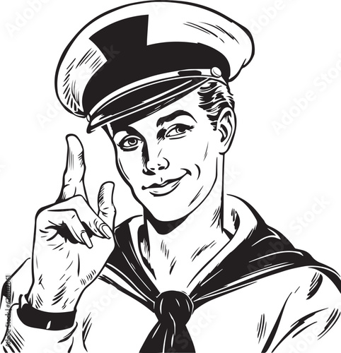 Retro sailor 60s style young man. Retro comics  sailor head, People in retro style, black and white ink drawing, American cartoon advertising illustration, vector, SVG