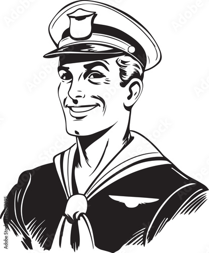 Retro sailor 60s style young man. Retro comics  sailor head, People in retro style, black and white ink drawing, American cartoon advertising illustration, vector, SVG