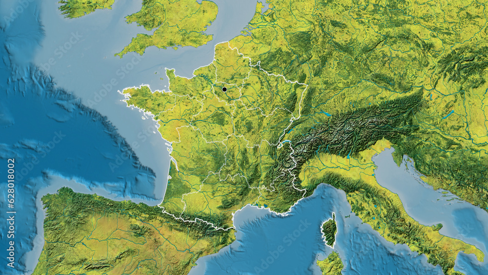 Shape of France with regional borders. Topographic.