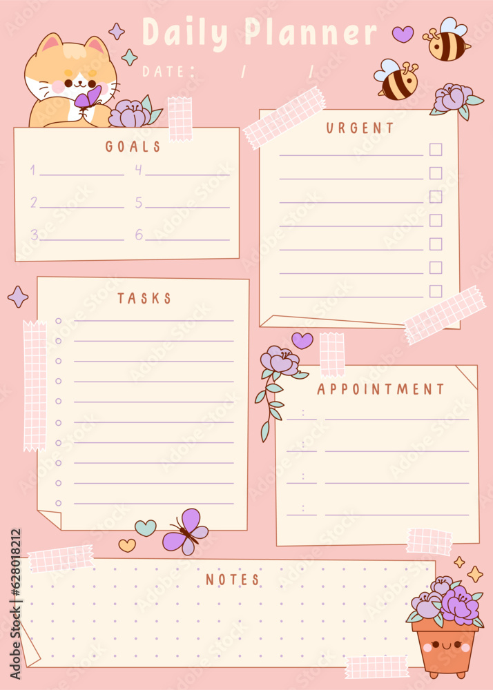 Kawaii daily planner with ginger cat and flowers. Cute to do list, memo pad, schedule, stickers template.