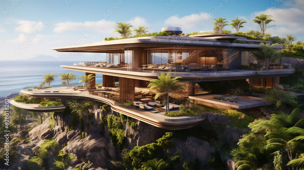 Fototapeta premium Luxury contemporaty villa on a mountain hill with a view on ocean. Generative AI