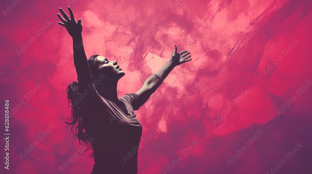 Woman raises his hands to worship and praise God. Purple and pink background. Christian illustration.