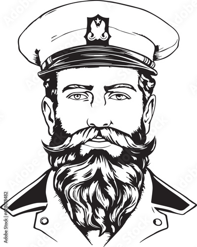 Retro old sailor with beard 60s style old man. Retro comics sailor head, People in retro style, black and white ink drawing, American cartoon advertising illustration, vector, SVG