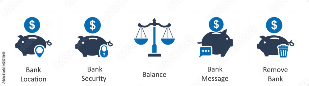 A set of 5 business icons as bank location, bank security, balance A set of 5 business icons as bank location, bank security, balance