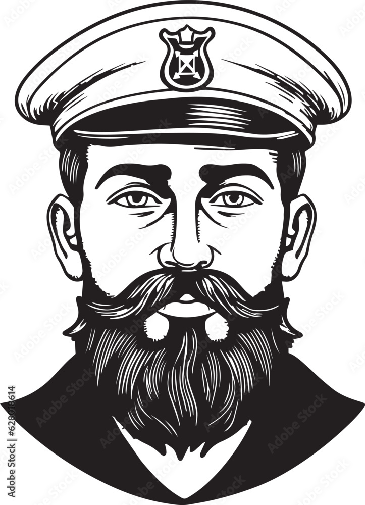 Retro old sailor with beard 60s style old man. Retro comics sailor head, People in retro style, black and white ink drawing, American cartoon advertising illustration, vector, SVG Retro old sailor with beard 60s style old man. Retro comics sailor head, People in retro style, black and white ink drawing, American cartoon advertising illustration, vector, SVG