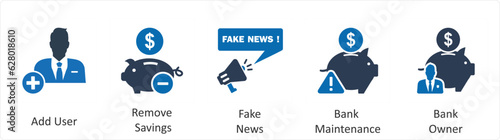 A set of 5 business icons as add user, remove savings, fake news