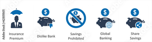 A set of 5 business icons as insurance premium, dislike bank, savings prohibited