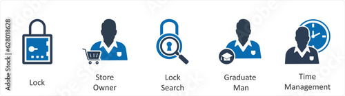 A set of 5 business icons as lock, store owner, lock search