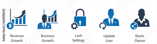 A set of 5 business icons as revenue growth, business growth, lock settings