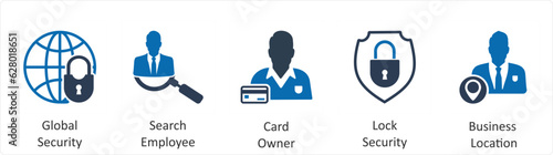 A set of 5 business icons as global security, search employee, card owner