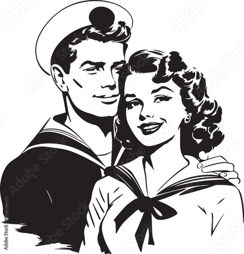 Retro sailor and girl 60s style. Retro comics sailor, People in retro style, black and white ink drawing, American cartoon advertising illustration, vector, SVG
