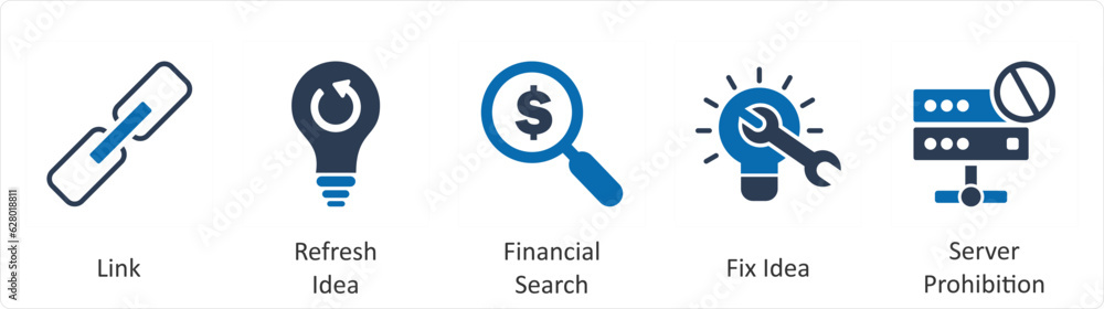 A set of 5 business icons as link, refresh idea, financial search A set of 5 business icons as link, refresh idea, financial search