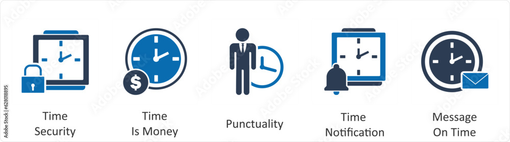 A set of 5 business icons as time security, time is money, punctuality A set of 5 business icons as time security, time is money, punctuality
