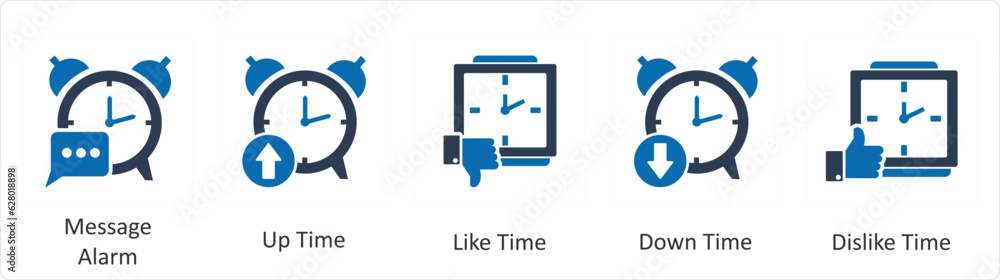 A set of 5 business icons as message alarm, up time, like time A set of 5 business icons as message alarm, up time, like time