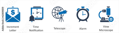 A set of 5 business icons as increment letter, time notification, telescope