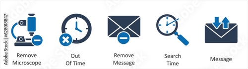 A set of 5 business icons as remove microscope, out of time, remove message