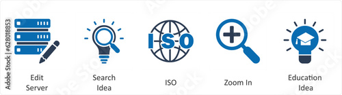 A set of 5 business icons as edit server, search idea, iso