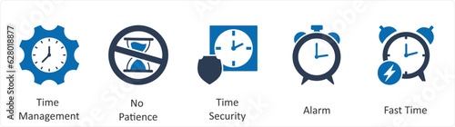 A set of 5 business icons as time management, no patience, time security