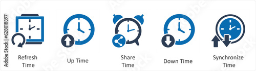A set of 5 business icons as refresh time, up time, share time