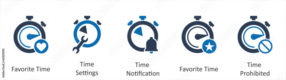 A set of 5 business icons as favorite time, time settings, time notification