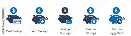 A set of 5 business icons as card savings, add savings, savings mess