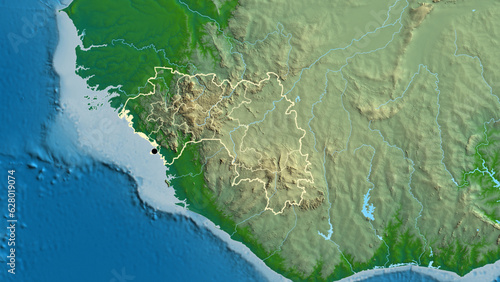 Shape of Guinea with regional borders. Physical.