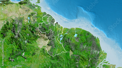 Shape of Guyana with regional borders. Satellite.