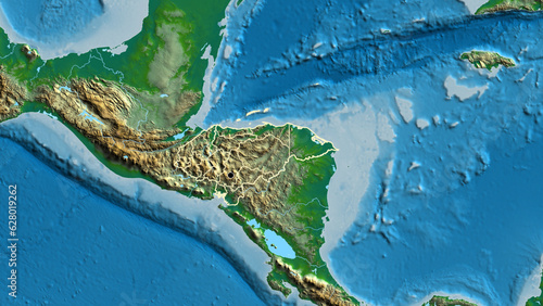 Shape of Honduras with regional borders. Physical.