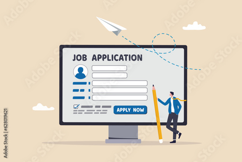 Online job application, career or employment submission form, candidate recruitment, job search or resume and CV document upload concept, businessman hold pencil fill in computer job application form.