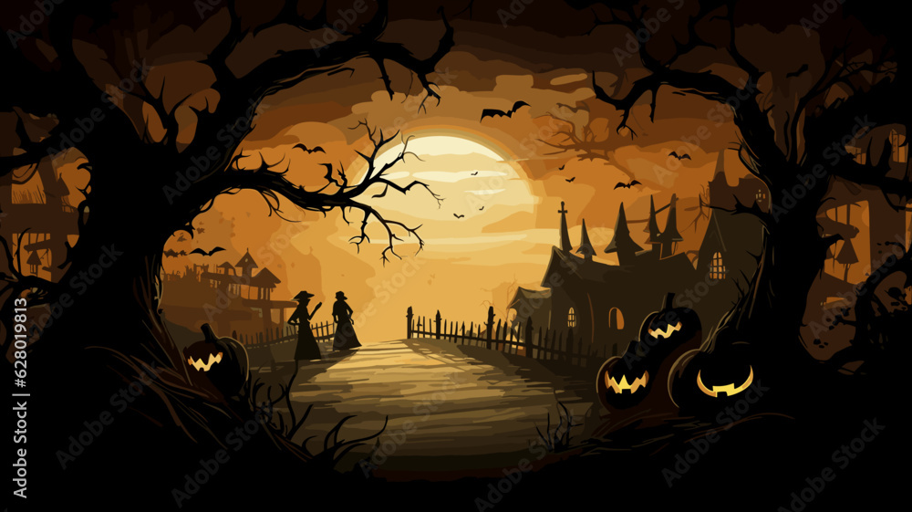 AI generated. Vector illustration. Background illustration with Halloween theme. Landscape with dead trees and pumpkins.
