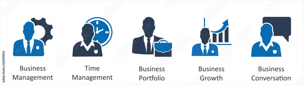 A set of 5 business icons as business management, time management, business portfolio A set of 5 business icons as business management, time management, business portfolio