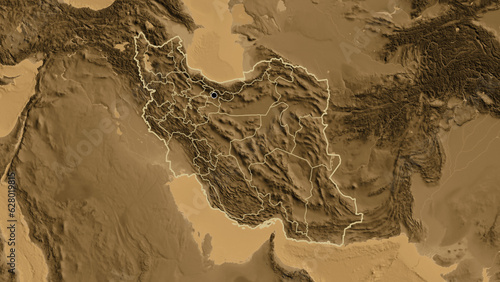 Shape of Iran with regional borders. Sepia elevation.