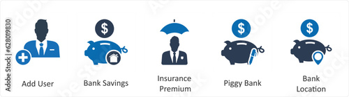 A set of 5 business icons as add user, bank savings, insurance premium