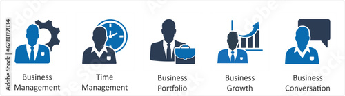 A set of 5 business icons as business management, time management, business portfolio