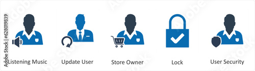 A set of 5 business icons as listening music, update user, store owner