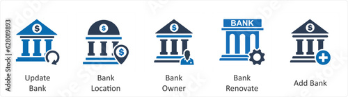 A set of 5 business icons as update bank, bank location, bank owner