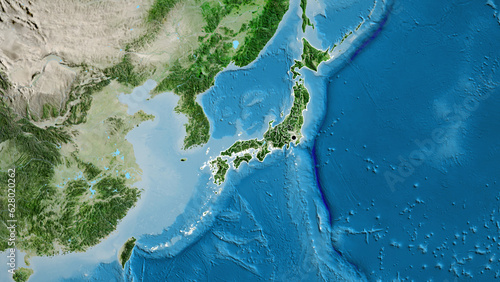 Shape of Japan with regional borders. Satellite 
