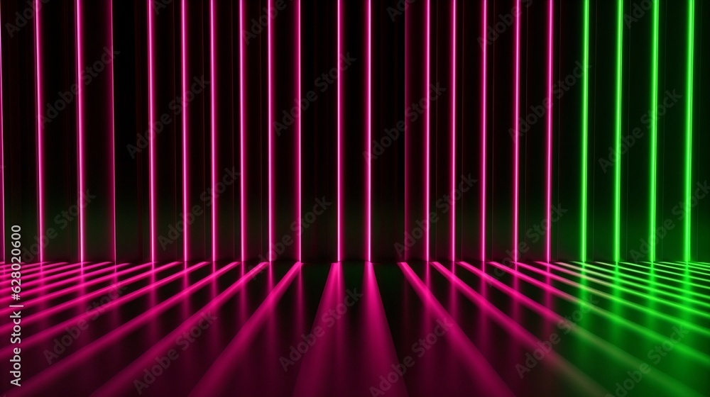 Generative AI : Futuristic Sci-Fi Abstract Glowing Neon Green and Hot Pink Neon Light Shapes On Black Background And Reflective Concrete With Empty Space For Text 3D Rendering Illustration Generative AI : Futuristic Sci-Fi Abstract Glowing Neon Green and Hot Pink Neon Light Shapes On Black Background And Reflective Concrete With Empty Space For Text 3D Rendering Illustration