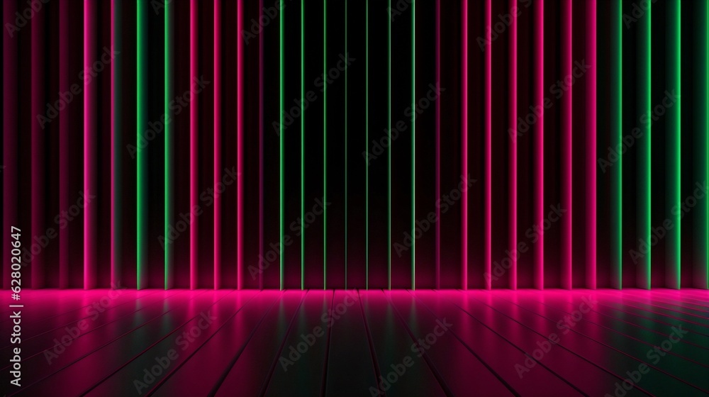 Generative AI : Futuristic Sci-Fi Abstract Glowing Neon Green and Hot Pink Neon Light Shapes On Black Background And Reflective Concrete With Empty Space For Text 3D Rendering Illustration Generative AI : Futuristic Sci-Fi Abstract Glowing Neon Green and Hot Pink Neon Light Shapes On Black Background And Reflective Concrete With Empty Space For Text 3D Rendering Illustration