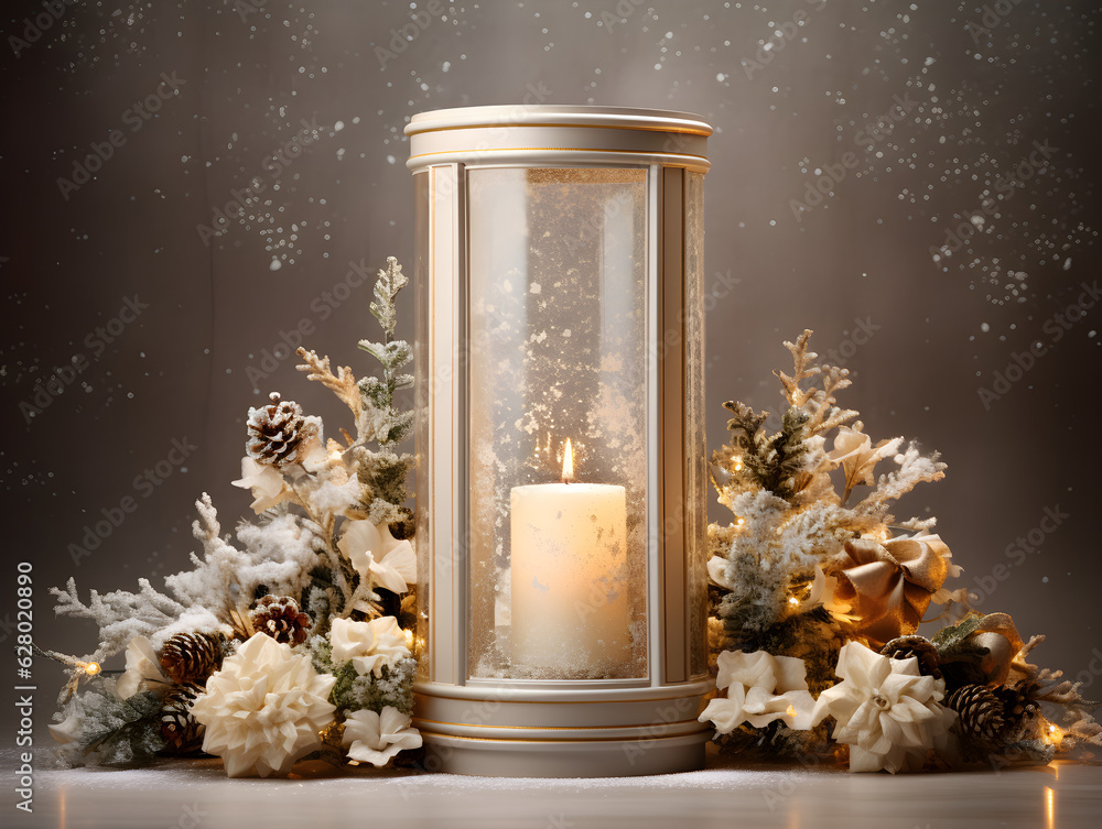Fototapeta premium Candles in glowing lanterns decorated with flowers around the lanterns for a romantic Christmas night.